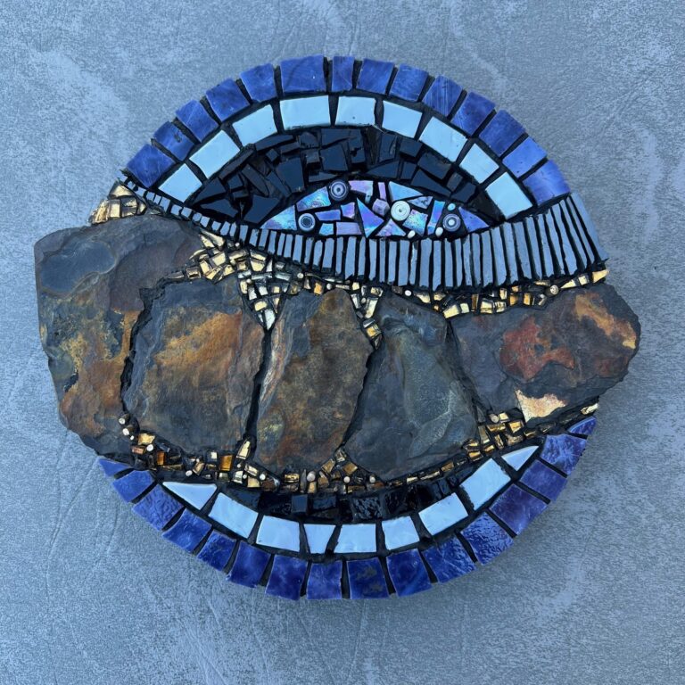 Blue moon organic unique mosaic art, blue and stone with gold leaf