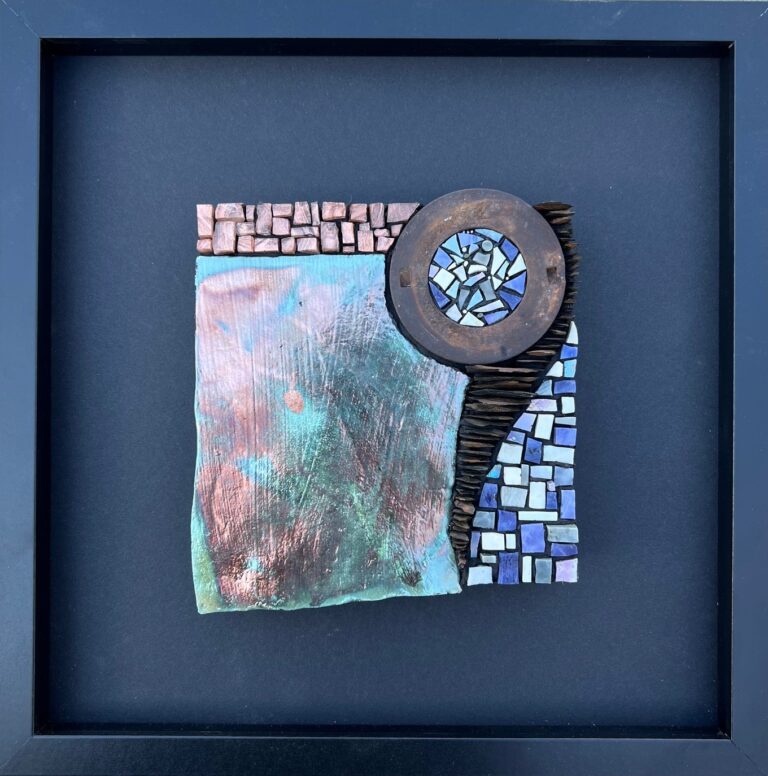 abstract mosaic with mother of pearl and found copper, unique mosaic art