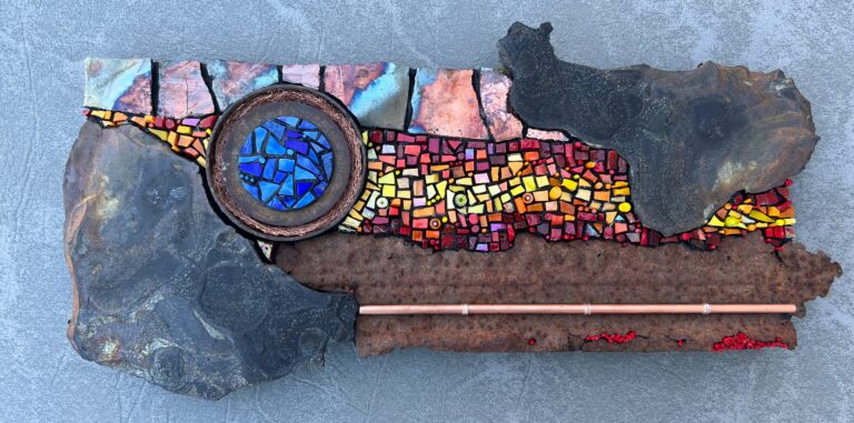 Unique "Day and Night" mixed media mosaic art for sale, Winchester, Virginia. Features natural stone, glass.