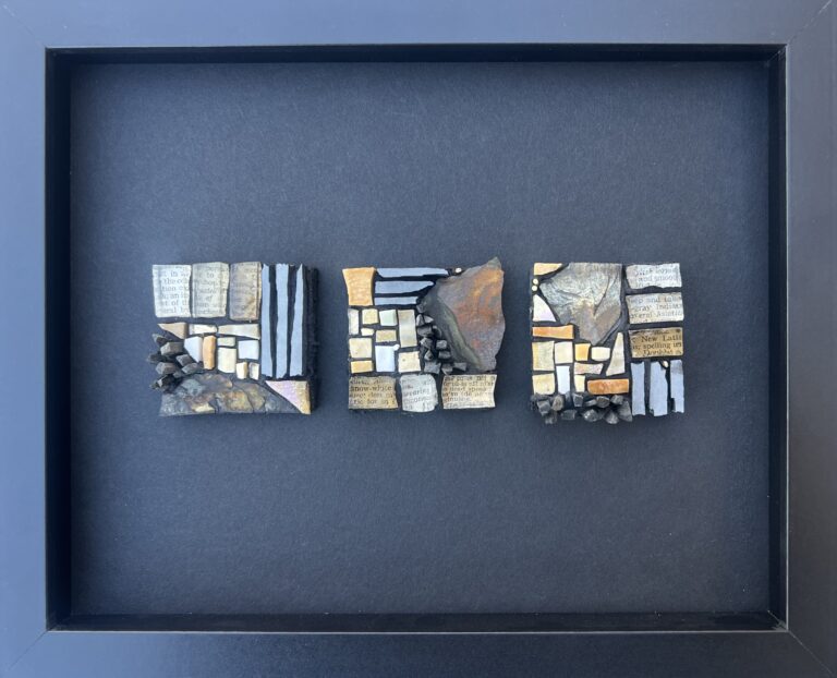 triptych framed and matted unique artwork with locally foraged stones. Appalachian artist.